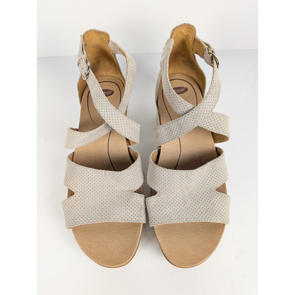 Dr. Scholl's Shoes Wedge Sandals Women 10 Beige Karma Strappy Perforated Buckle